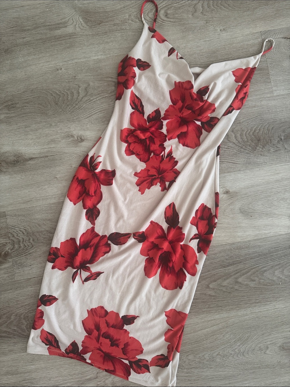 Red Floral Midi Slip Dress with V-Neck